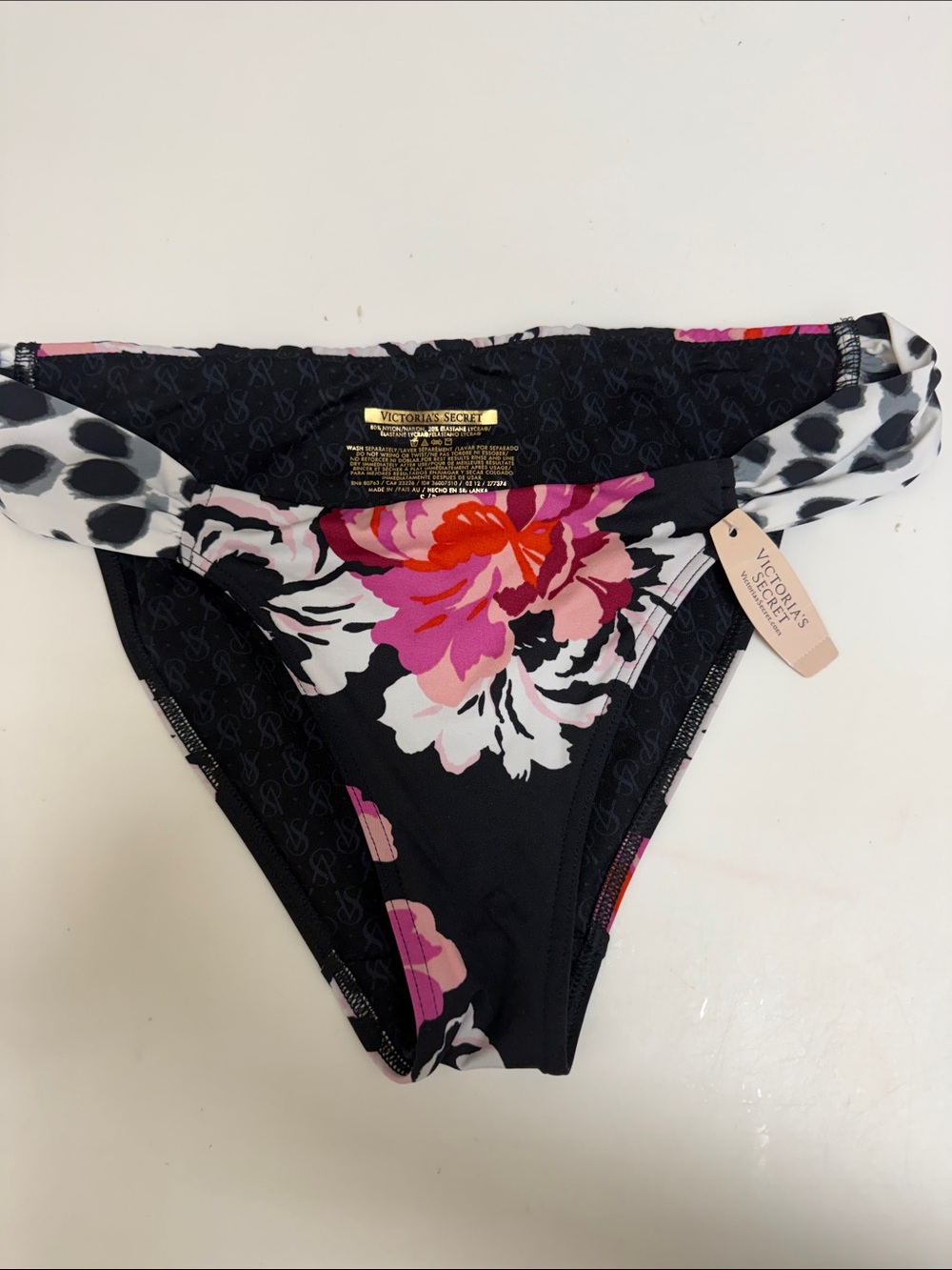 NWT Victoria's Secret Black Floral Bikini Bottoms - Pink Accent